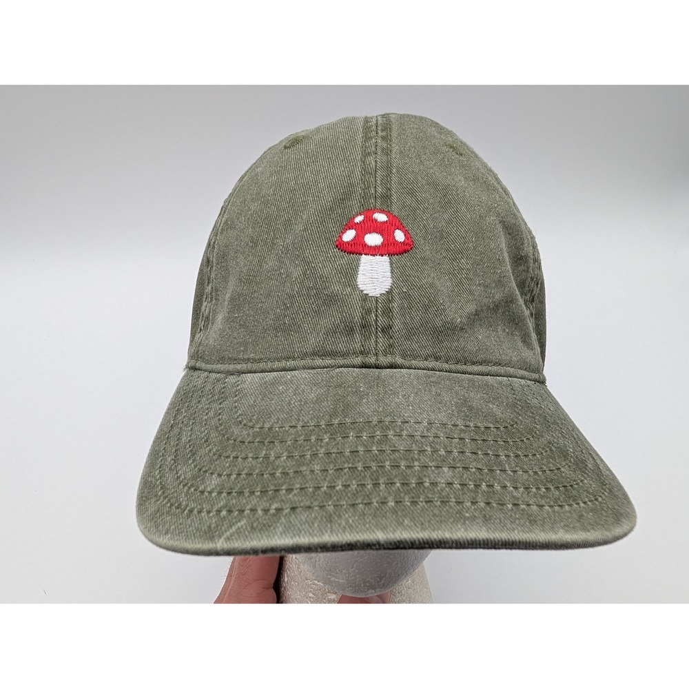 Mighty Fine Mushroom Embroidered Baseball Cap Olive Green Cotton Adjustable Hat